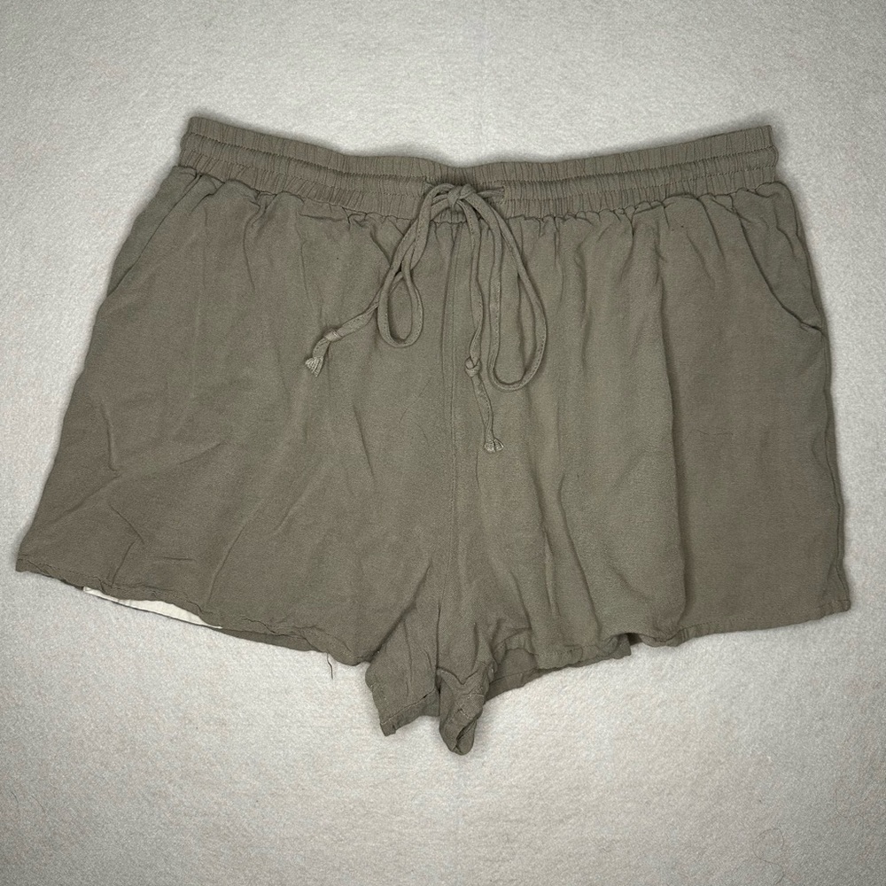 Know One Cares Mini Shorts Olive Green Cotton Lined Drawstring Pockets Spring